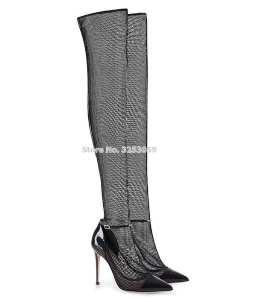 almudena ladies chic black patent leather patchtork pointed toe over-the-knee gladiator boots lace mesh cage long boots dropship
almudena ladies chic black patent leather patchtork pointed toe over-the-knee gladiator boots lace mesh cage long boots dropship