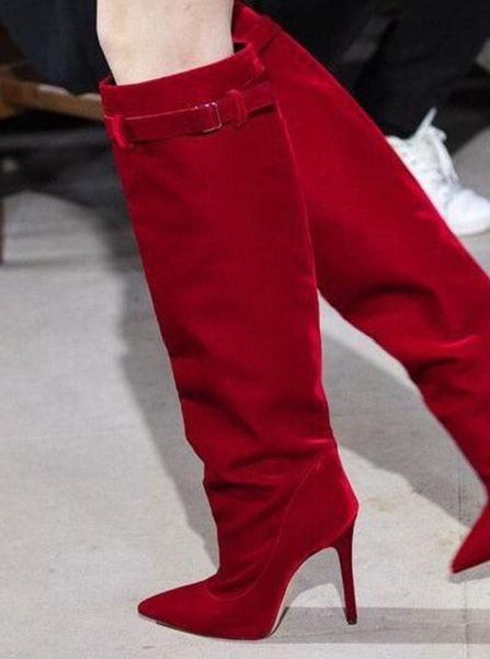 red velvet knee high boots pointed toe buckle strap high heel dress shoes stylish stretch tall long boots big size 44, Black
red velvet knee high boots pointed toe buckle strap high heel dress shoes stylish stretch tall long boots big size 44, Black