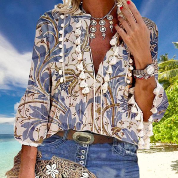 women's blouses & shirts autumn floral print 3/4 sleeves blouse 2021 boho style v neck tassel elegant women spring loose chic tunic, White
women's blouses & shirts autumn floral print 3/4 sleeves blouse 2021 boho style v neck tassel elegant women spring loose chic tunic, White