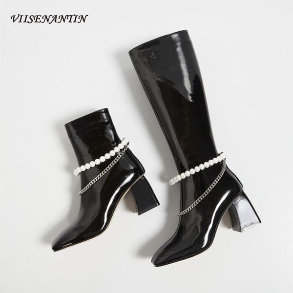 net red with the same personality pearl chain boots high-heeled patent leather fashion women's catwalk boots stovepipe, Black
net red with the same personality pearl chain boots high-heeled patent leather fashion women's catwalk boots stovepipe, Black