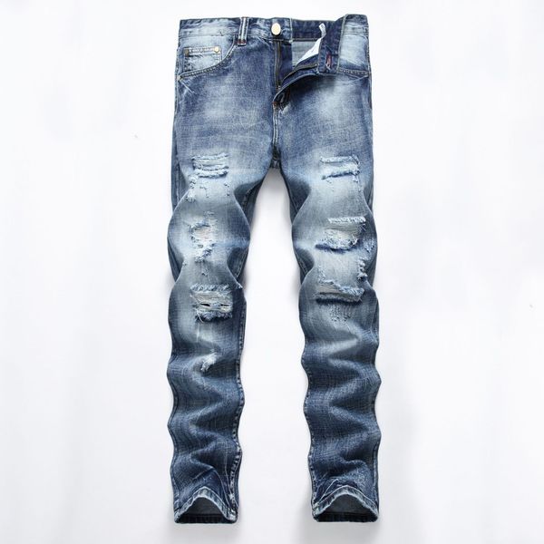 cross-border men's ripped straight-leg slim-fit non-stretch jeans light-colored denim trousers, Blue
cross-border men's ripped straight-leg slim-fit non-stretch jeans light-colored denim trousers, Blue