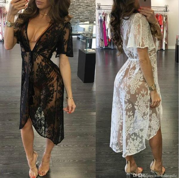black white lace floral dresses deep v-neck see through casual dresses summer beach smock mini dress women, Black;gray 
black white lace floral dresses deep v-neck see through casual dresses summer beach smock mini dress women, Black;gray