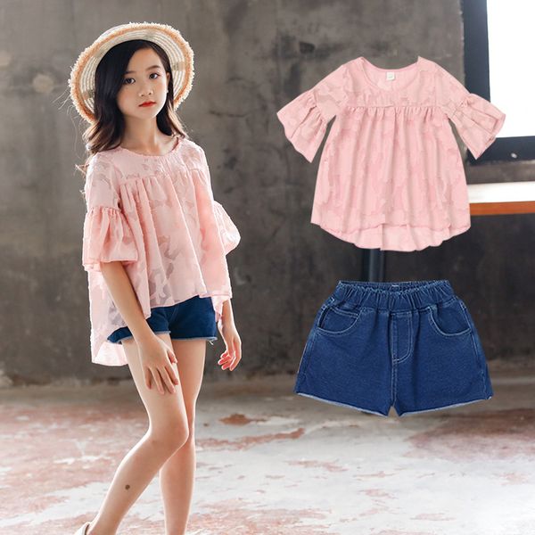 children's girls summer clothing suit kids clothes two piece set for girl lace short sleeve denim shorts sets 8 10 12 years old, White
children's girls summer clothing suit kids clothes two piece set for girl lace short sleeve denim shorts sets 8 10 12 years old, White