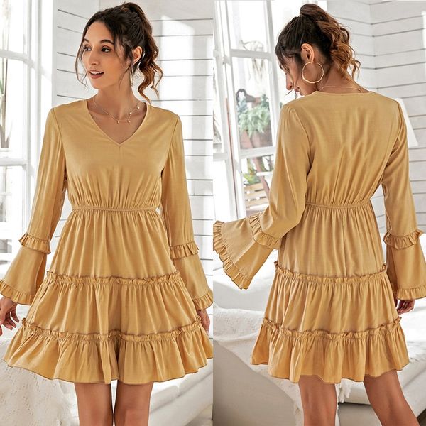 casual dresses women's v-neck solid color slim fit elastic waist flare sleeve dress yellow, Black;gray
casual dresses women's v-neck solid color slim fit elastic waist flare sleeve dress yellow, Black;gray