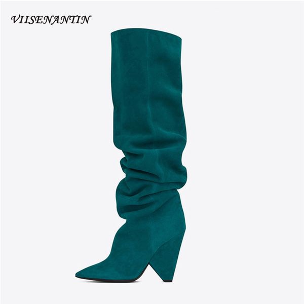 european and american horse oil leather women's shoes pleated long tube shaped heel boots stitched flanging elastic boots, Black
european and american horse oil leather women's shoes pleated long tube shaped heel boots stitched flanging elastic boots, Black