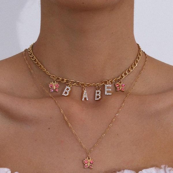 boho 2 layers butterfly pendant necklace multilayer babe initial letter clavicle chain necklace pink crystal rinestone jewelry, Silver
boho 2 layers butterfly pendant necklace multilayer babe initial letter clavicle chain necklace pink crystal rinestone jewelry, Silver