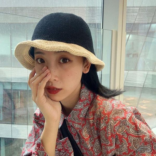 new fisherman hat women foldable japanese small eave stitching knitted basin hat women, Blue;gray 
new fisherman hat women foldable japanese small eave stitching knitted basin hat women, Blue;gray