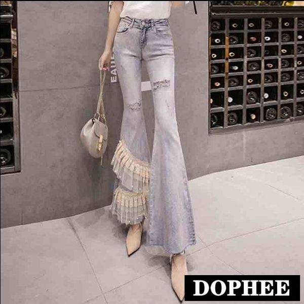 layers lotus-leaf lace stitched jeans pants super fairy beads skinny flare trousers ladies high waist ripped long denim trousers, Blue
layers lotus-leaf lace stitched jeans pants super fairy beads skinny flare trousers ladies high waist ripped long denim trousers, Blue