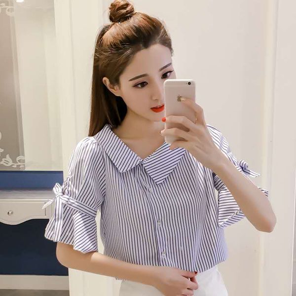 2020 new polyester striped flare short sleeve blouse asymmetrical collar single breasted women shirts size s-2xl ing, White
2020 new polyester striped flare short sleeve blouse asymmetrical collar single breasted women shirts size s-2xl ing, White