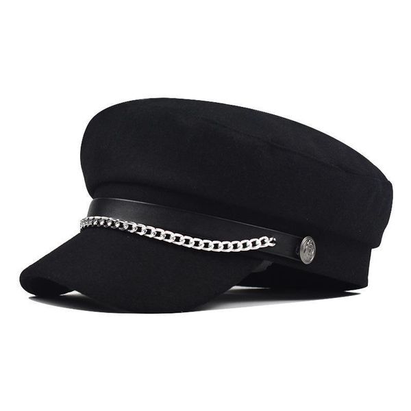 new woolen pu chain beret metal octagonal cap korean female english fashion chain military cap, Blue;gray
new woolen pu chain beret metal octagonal cap korean female english fashion chain military cap, Blue;gray