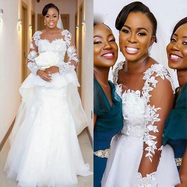 mermaid wedding dress with overskirt beading flower appliques lace illusion long sleeve dubai bridal gowns customize plus size, White
mermaid wedding dress with overskirt beading flower appliques lace illusion long sleeve dubai bridal gowns customize plus size, White