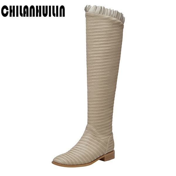 2020 women black beige elastic weave knee high boots low thick heels ripped jeans fetish round toe long tight boots strippers
2020 women black beige elastic weave knee high boots low thick heels ripped jeans fetish round toe long tight boots strippers