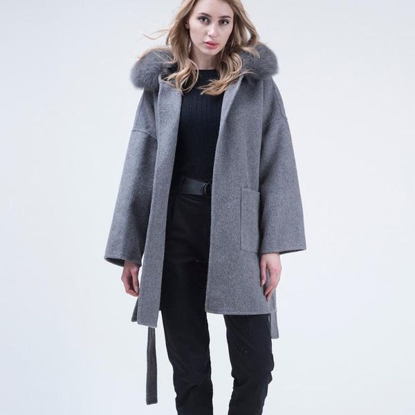 women cashmere coat with real fur collar solid loose hooded smiple outwear with belt, Black
women cashmere coat with real fur collar solid loose hooded smiple outwear with belt, Black