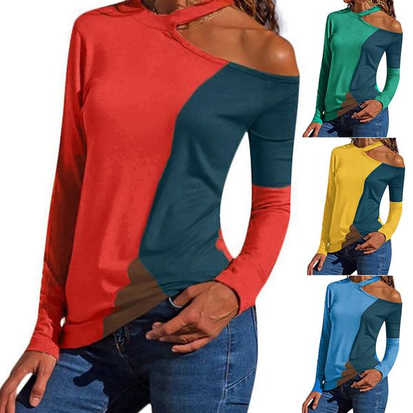 2019 european and american casual contrasting color stitching womens long-sleeved t-shirt selling halter oblique off-shoulder top, White
2019 european and american casual contrasting color stitching womens long-sleeved t-shirt selling halter oblique off-shoulder top, White