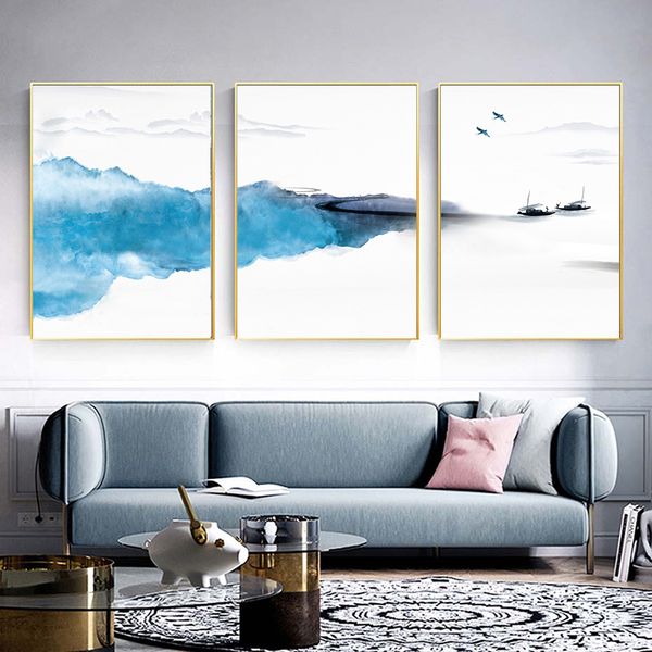 ink painting blue ocean coastal canvas painting landscape art poster print nordic modern wall picture for living room decoration