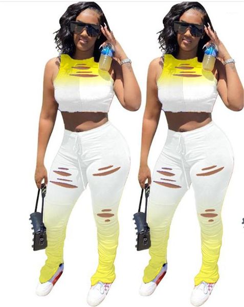 women s clothing 2 piece set stacked pants womens designer tracksuits fashion gradient hole suits casual sleeveless crop, Gray 
women s clothing 2 piece set stacked pants womens designer tracksuits fashion gradient hole suits casual sleeveless crop, Gray