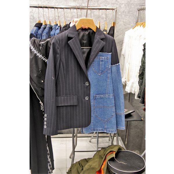 temperament europe new fashion blazer women jackets stripe stitching denim casual suit coats female wild autumn 2020, White;black
temperament europe new fashion blazer women jackets stripe stitching denim casual suit coats female wild autumn 2020, White;black