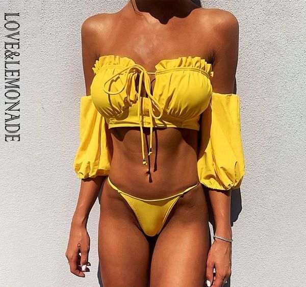 love & lemonade yellow tube lace up bubble sleeve bikini swimsuit0698, White;black
love & lemonade yellow tube lace up bubble sleeve bikini swimsuit0698, White;black
