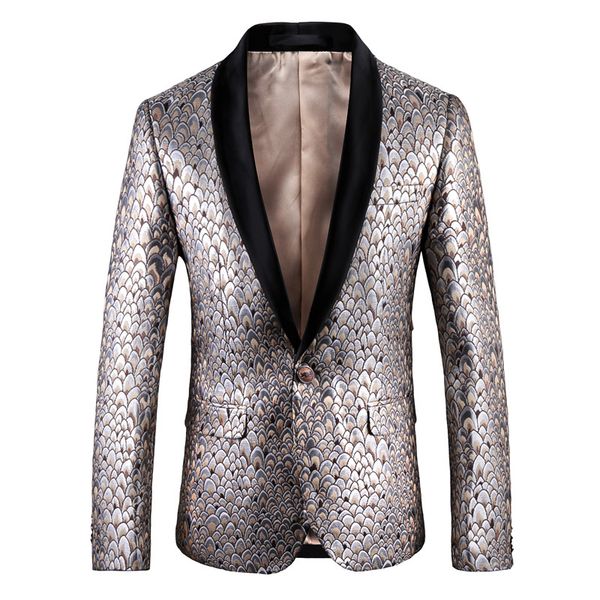 gold pea cock pattern suit jacket men slim fit gold with blalck collar banquet blazer men high qaulity blazer masculina 5xl, White;black
gold pea cock pattern suit jacket men slim fit gold with blalck collar banquet blazer men high qaulity blazer masculina 5xl, White;black