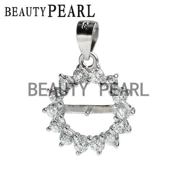 clear cubic zirconia surrounded circle 925 sterling silver pendant blank for pearls pendant mountings 5 pieces, Slivery;crystal