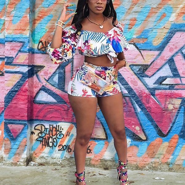 floral slash neck womens 2pcs summer shorts puff long sleeve designer two piece pants skinny sets, White 
floral slash neck womens 2pcs summer shorts puff long sleeve designer two piece pants skinny sets, White