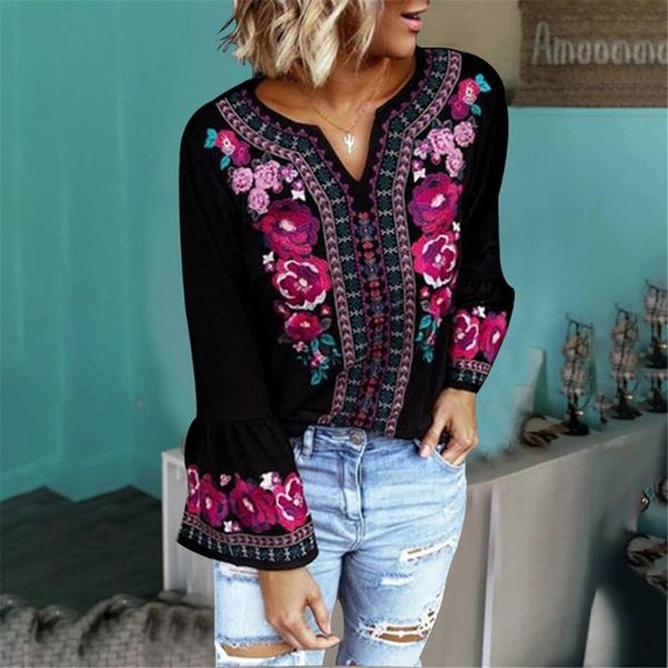 women's v neck boho shirt casual flared long sleeve floral embroider blouse loose fall clothes, White
women's v neck boho shirt casual flared long sleeve floral embroider blouse loose fall clothes, White