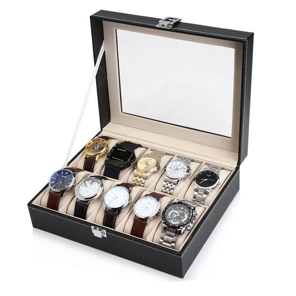 6/10/12 Slot Leather Watch Box Display Case Organizer Glass Jewelry Storage For Men & Women Metal Buckle Black