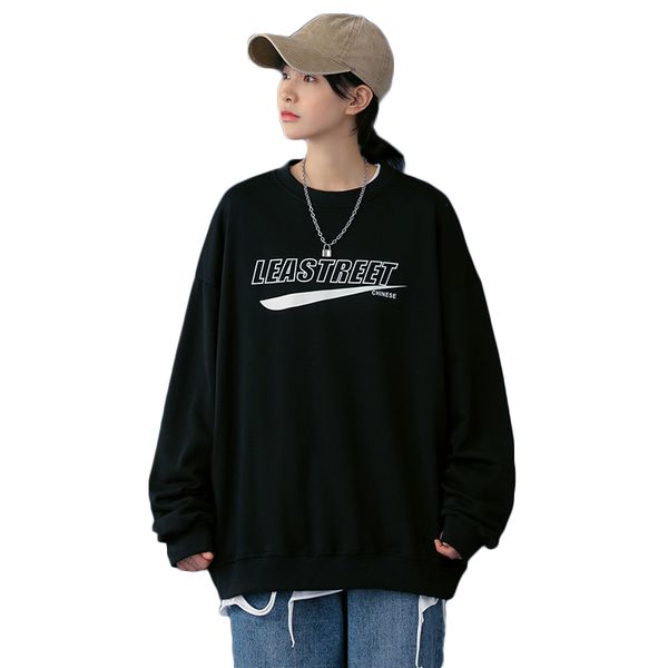 autumn new men's and women's round neck pullover sweater loose printed cotton coat top, Black