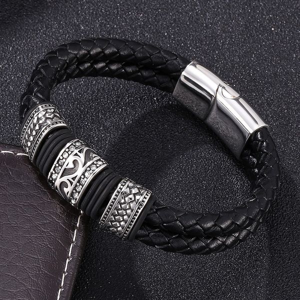 charm bracelets 2021 fashion men jewelry black braided leather bracelet double layer stainless steel magnetic buckle male bangles gifts, Golden;silver