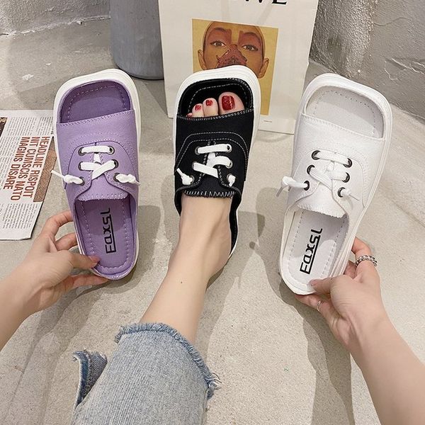 hong kong style square head canvas shoes women's 2020 summer new style easy to take closed-toe slip-on open toe thick shoes, Black 
hong kong style square head canvas shoes women's 2020 summer new style easy to take closed-toe slip-on open toe thick shoes, Black