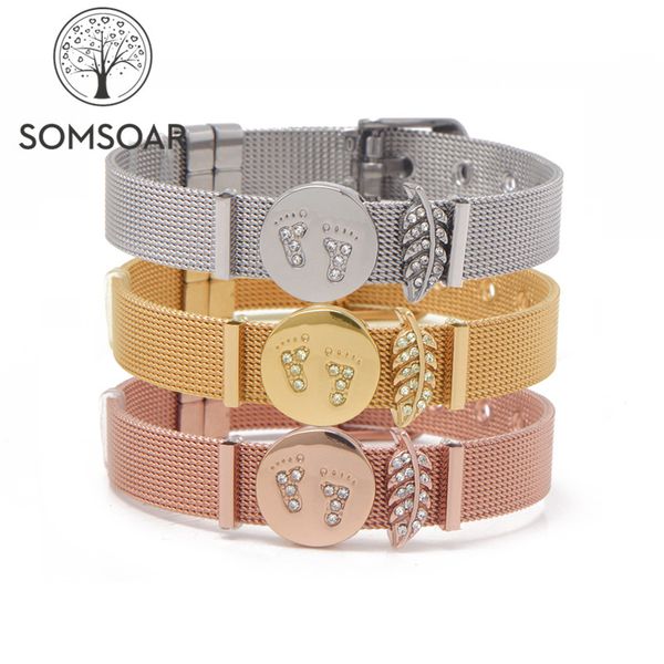 somsoar jewelry mesh bracelet bangle set with baby foot & crystal leaf slide charms as gift for women, Golden;silver
somsoar jewelry mesh bracelet bangle set with baby foot & crystal leaf slide charms as gift for women, Golden;silver