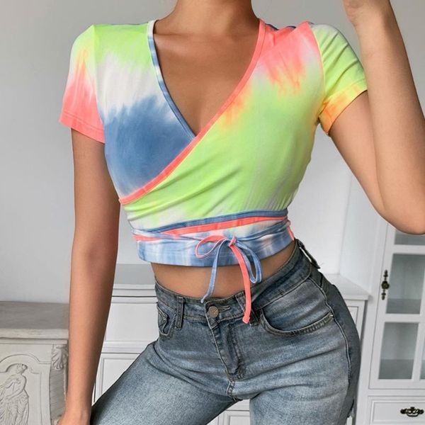 women short sleeve wrap front crop tie-up bandage t-shirt neon gradient tie-dye printed v-neck summer slim fit, White
women short sleeve wrap front crop tie-up bandage t-shirt neon gradient tie-dye printed v-neck summer slim fit, White