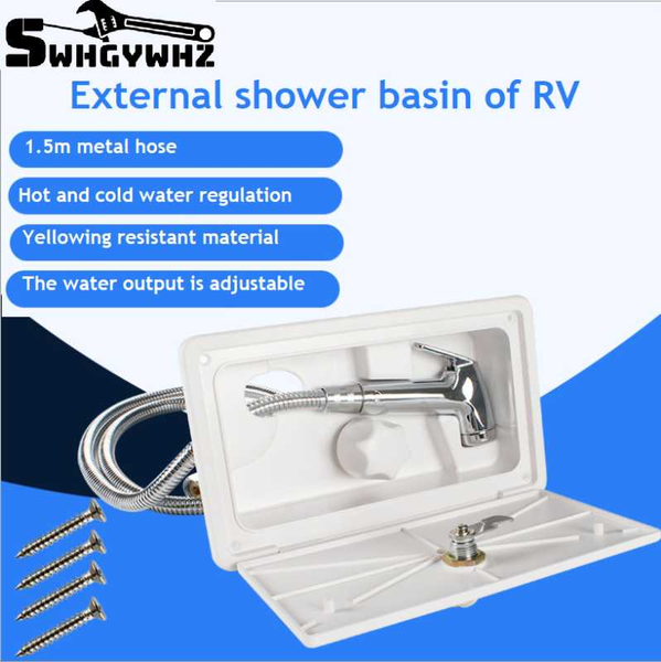 white shower outside rv, cold and switch, pull-out shower, shower nozzle with metal hose for trailer box accessories
white shower outside rv, cold and switch, pull-out shower, shower nozzle with metal hose for trailer box accessories