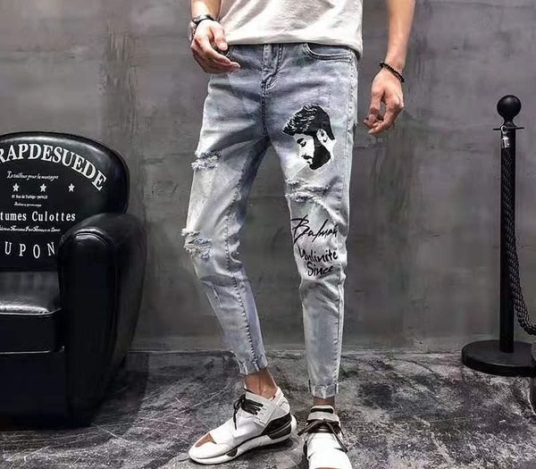ripped jeans men's slim-fit leggings men's capri-pants black jeans, Blue
ripped jeans men's slim-fit leggings men's capri-pants black jeans, Blue