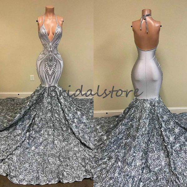 

nigeria africa mermaid evening dresses halter deep v neck backless prom dress silver elegant crochet sequins 3d floral party gown 2021, Black;red