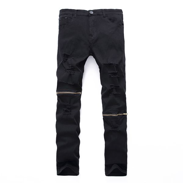 men's jeans casual ripped trousers men knee zipper elastic hip-hop jean retro washed slim straight, Blue 
men's jeans casual ripped trousers men knee zipper elastic hip-hop jean retro washed slim straight, Blue