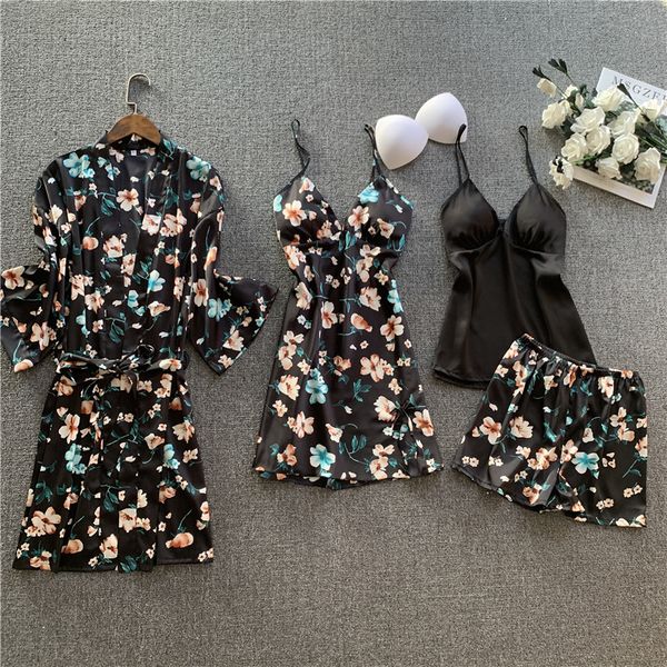 women 4pcs sleep robe set intimate lingerie satin print flower kimono gown nightdress sleepwear lace bathrobe nightgown, Black;red 
women 4pcs sleep robe set intimate lingerie satin print flower kimono gown nightdress sleepwear lace bathrobe nightgown, Black;red