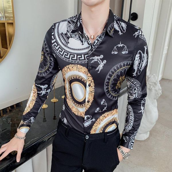 2020 fashion tuxedo shirt black men dress shirts slim long sleeve shirt new gold social floral for male white print, White;black