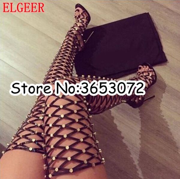 summer hollow out stiletto sandals boots rivet embellished round toe thigh high lace up long boots over the knee motorcycle boot, Black
summer hollow out stiletto sandals boots rivet embellished round toe thigh high lace up long boots over the knee motorcycle boot, Black