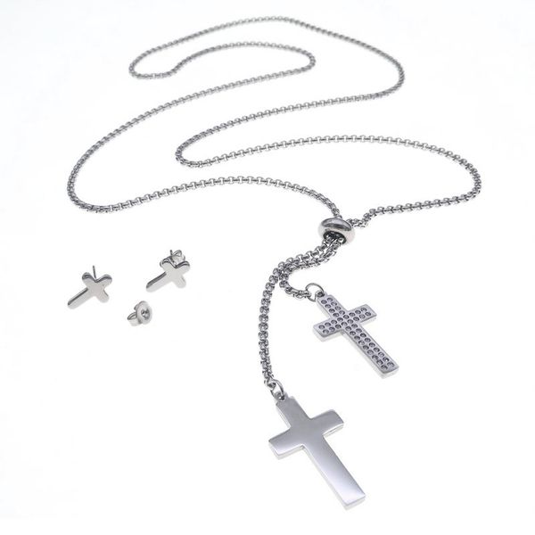 2pcs/set double cross stainless steel stud earring necklace women's titanium steel suit retro punk accessories, Silver