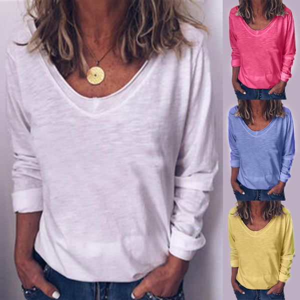 honey comb 2020 autumn soft cotton v-neck long-sleeved women's t-shirt loose base shirt, White 
honey comb 2020 autumn soft cotton v-neck long-sleeved women's t-shirt loose base shirt, White