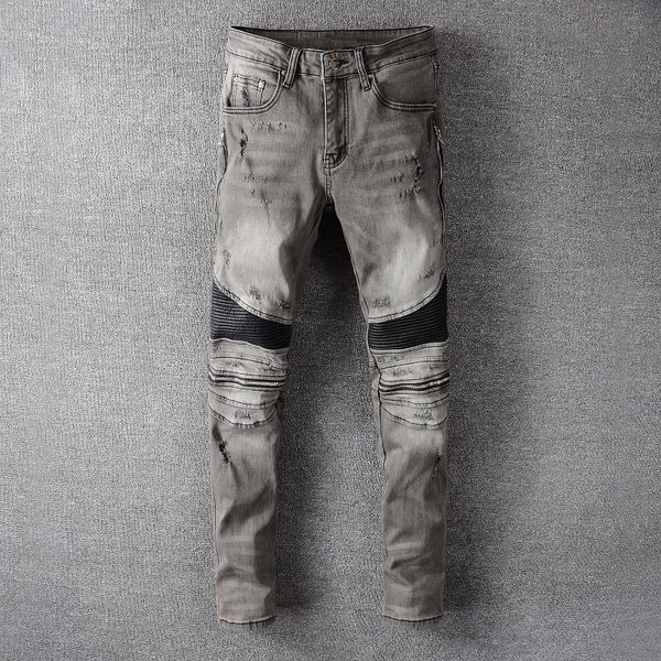 men's jeans american streetwear men retro gray slim fit ripped spliced designer biker pants hip hop homme, Blue
men's jeans american streetwear men retro gray slim fit ripped spliced designer biker pants hip hop homme, Blue