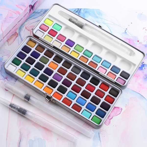 72 Colors Solid Watercolor Pigment Set Box With 3 Paint Brush Pen Portable Metallic Water Color Paint For Beginner Art Supplies