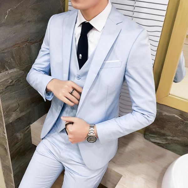 single breasted solid color suit male three piece set korean version slim office professional formal suit groomsman takim elbise, White;black
single breasted solid color suit male three piece set korean version slim office professional formal suit groomsman takim elbise, White;black