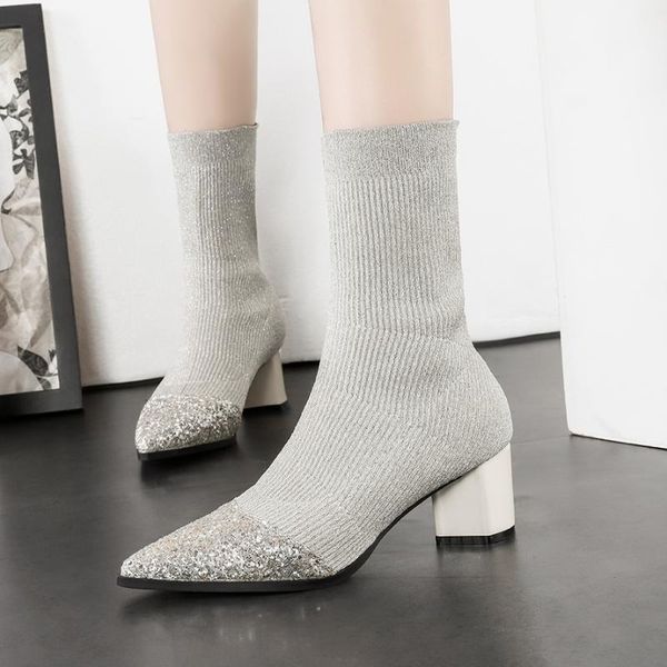 boots gold/silver glitter pointed toe sock women midcalf sequins knitted short botas mujer elastic slim winter on pumps607, Black
boots gold/silver glitter pointed toe sock women midcalf sequins knitted short botas mujer elastic slim winter on pumps607, Black