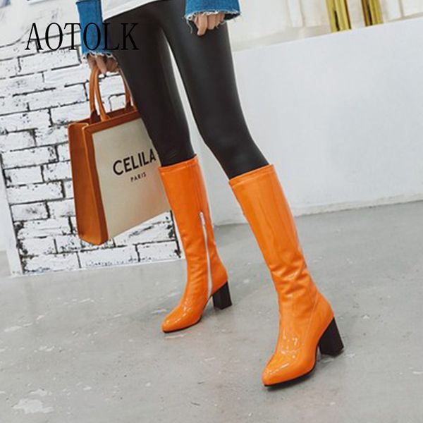women boots winter fall fashio casual thick high heel boots female shiny patent leather long with platform woman shoes, Black
women boots winter fall fashio casual thick high heel boots female shiny patent leather long with platform woman shoes, Black