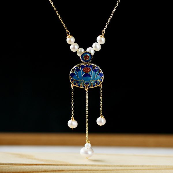 original chinese style copper gold-plated female models cloisonne lotus natural freshwater pearl tassel necklace wholesale, Silver
original chinese style copper gold-plated female models cloisonne lotus natural freshwater pearl tassel necklace wholesale, Silver