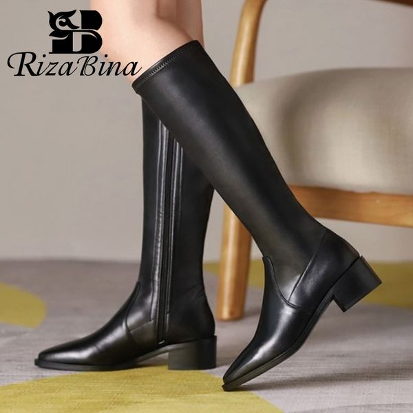 

boots rizabina women genuine leather shoes square toe low heel zipper solid ridding fashion cool footwear size 31-43, Black