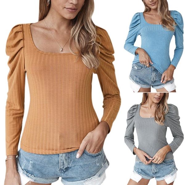 womens long puff sleeve knitted casual t-shirt ladies solid slim tee autumn square collar 2020 female, White 
womens long puff sleeve knitted casual t-shirt ladies solid slim tee autumn square collar 2020 female, White