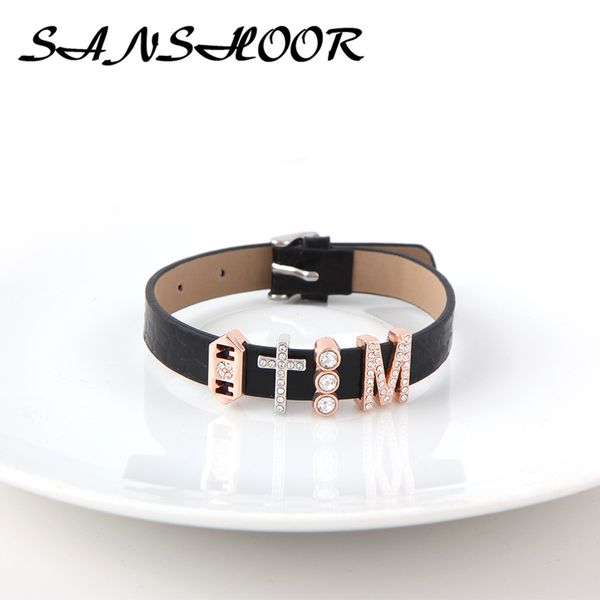 sanshoor 21cm black genuine leather keeper bracelet set with 4 pcs pave crystal mom cross slide charms as gift for mother, Golden;silver
sanshoor 21cm black genuine leather keeper bracelet set with 4 pcs pave crystal mom cross slide charms as gift for mother, Golden;silver
